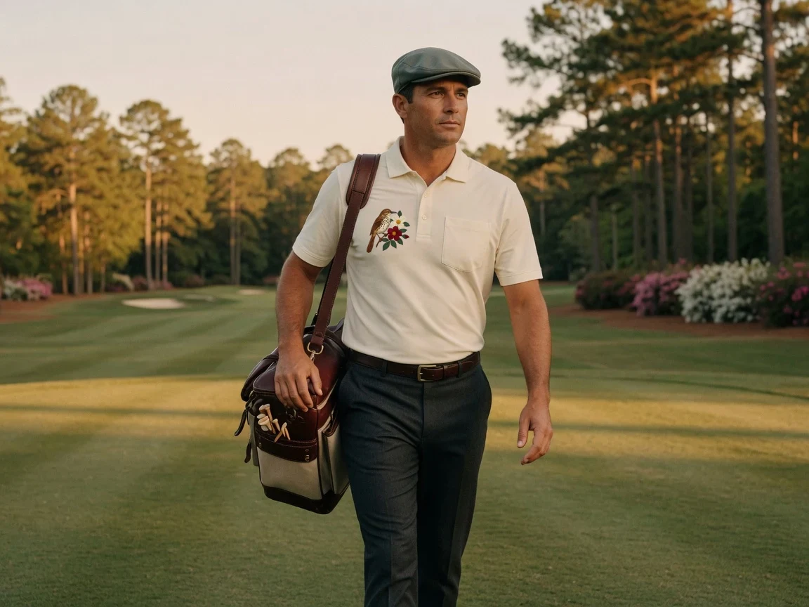 Georgia State Polo on the fairway at golden hour — Brown Thrasher crest at left chest