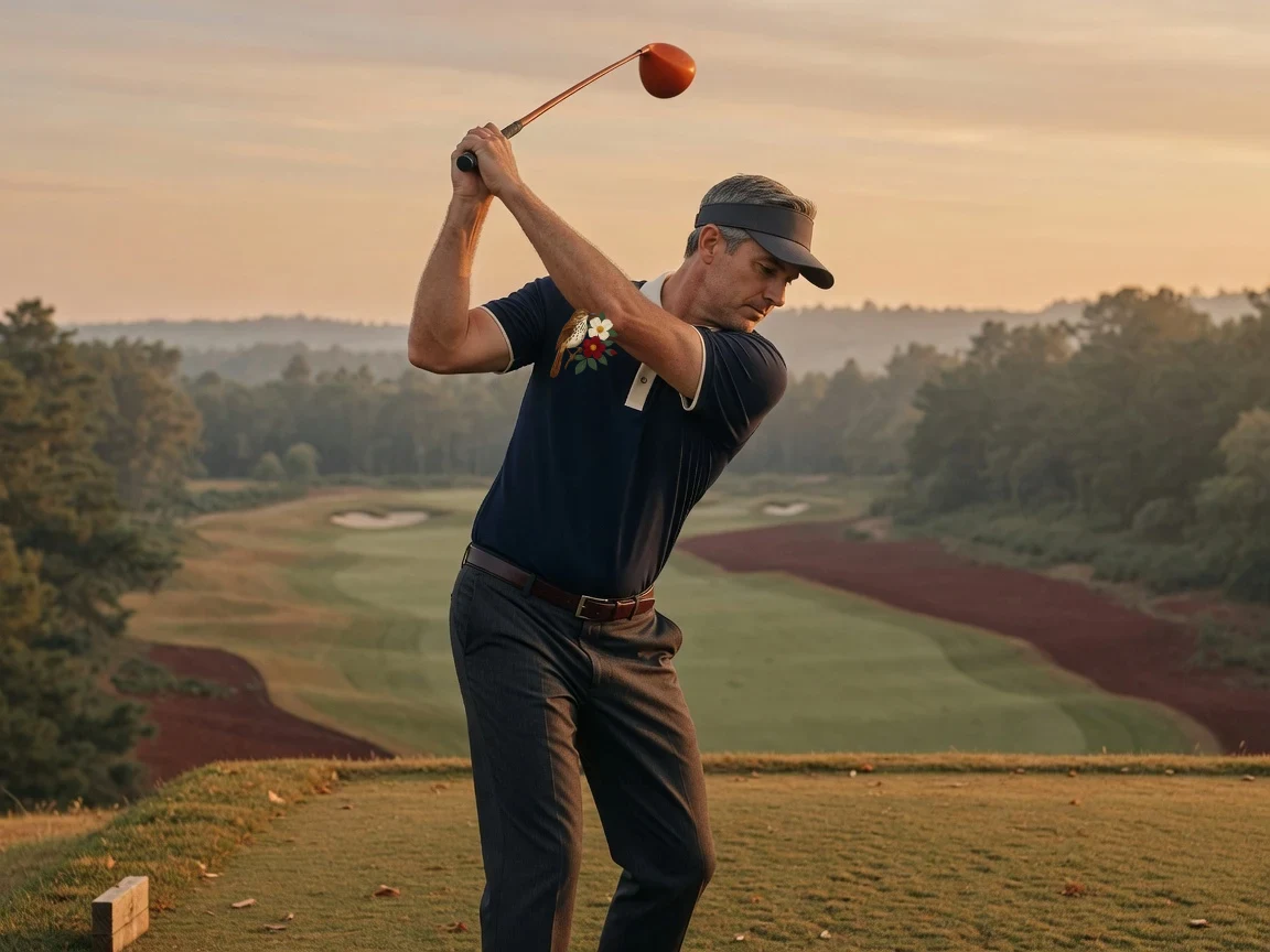 Georgia State Polo at the top of the backswing on an elevated tee — Brown Thrasher crest at left chest